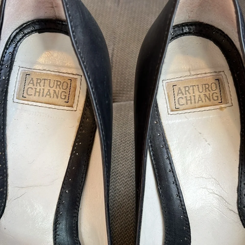 🇪🇸🐠 Arturo Chiang Black Leather Bow Pumps Size 5 | Classic Square Toe Heels